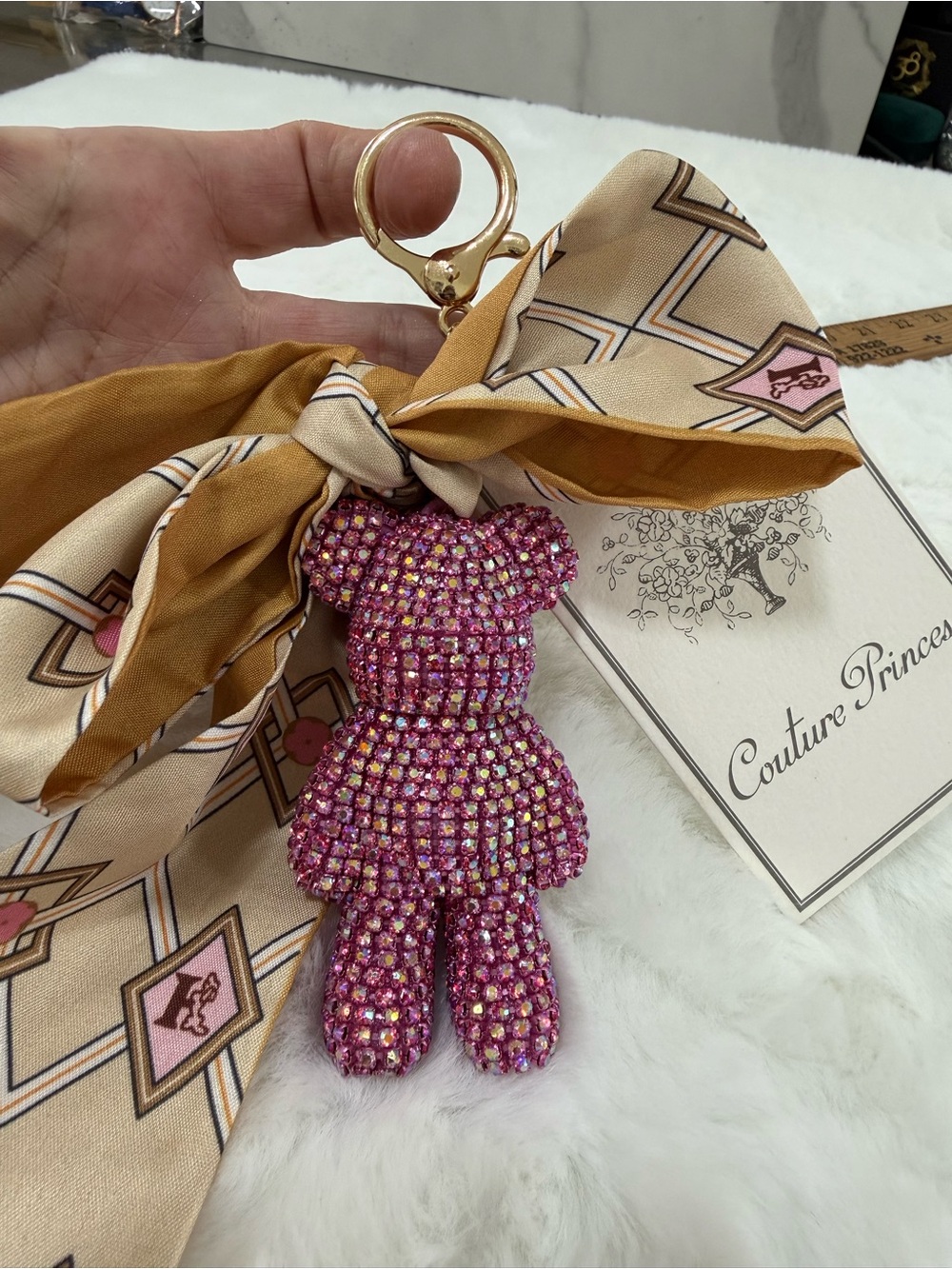 Pink Crystal Teddy Keychain with Gold Hardware Patterned Scarf bag charm clip